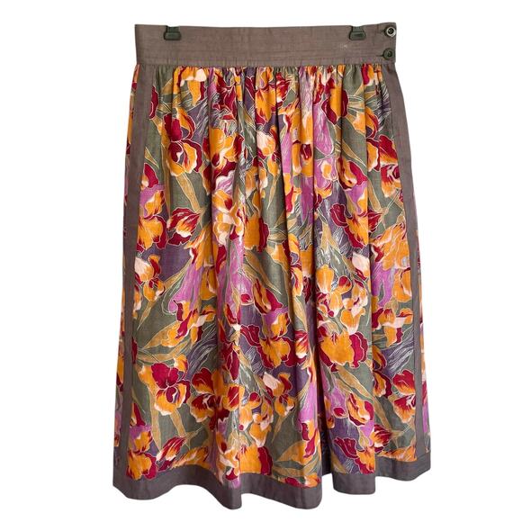 A-Line 100% Linen Midi Skirt Orange Purple Iris Print Button Side Closure Sz 10 - Picture 1 of 7
